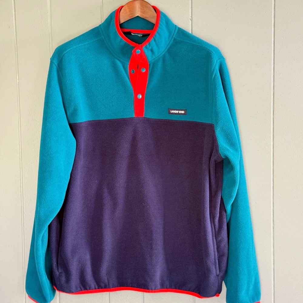 Lands End Fleece Pullover Teal Navy Color Block Snap Neck Gorpcore Men XL